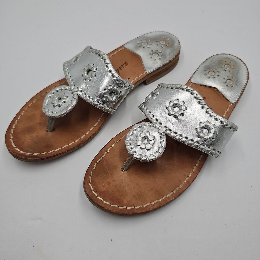 Jack Rogers Jacks Metallic Platinum Silver Leather Flat Sandals Womens 6M